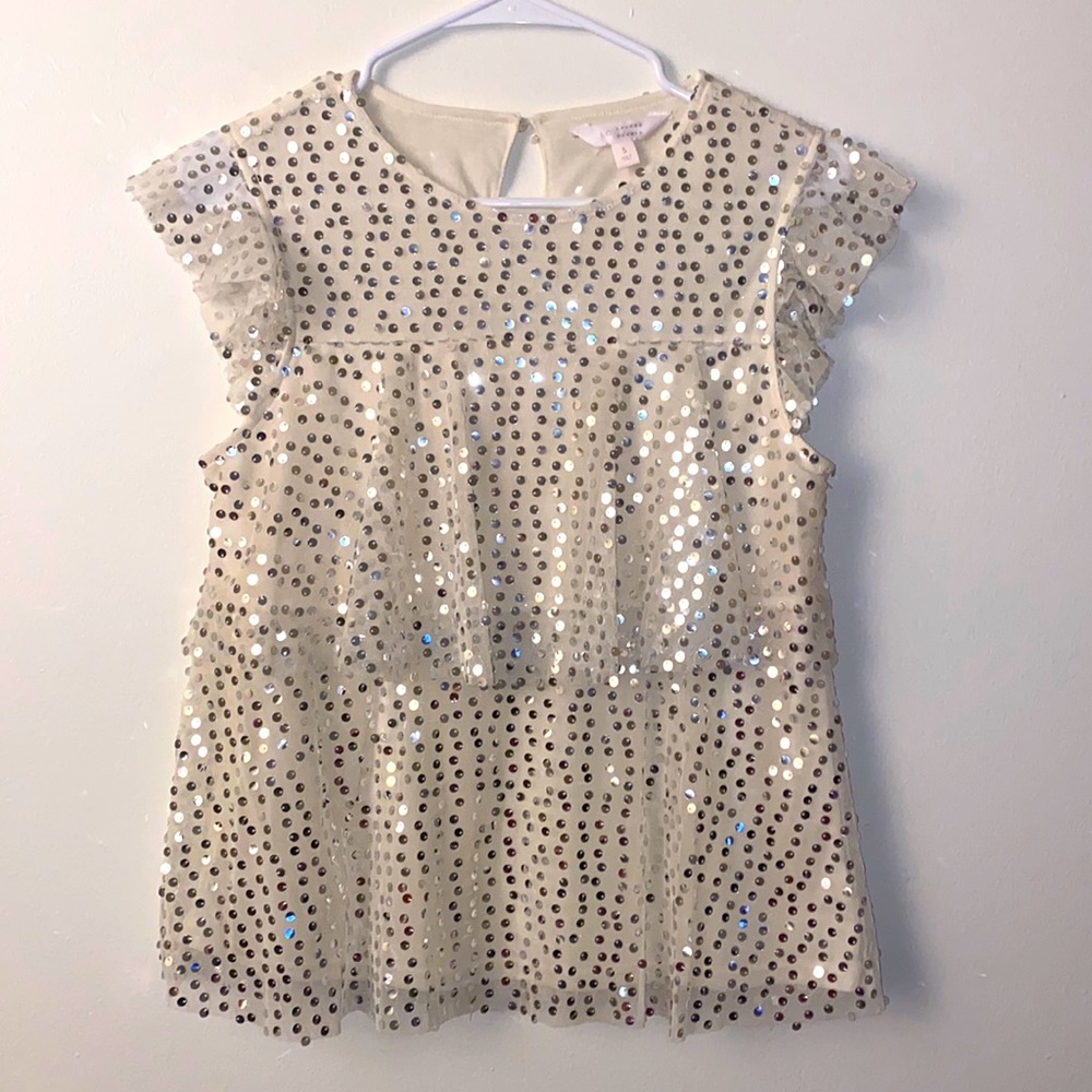 Small Lauren Conrad Cream With Silver Sequins Ruffle Short Sleeve Blouse